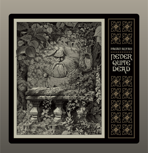 The album cover of Never Quite Dead by Pagan Altar features a detailed, monochromatic illustration with a strong gothic and mystical atmosphere. The central image depicts an overgrown stone monument, partially consumed by ivy and nature. Carved into the monument is the stern face of an old bearded man, evoking a sense of ancient wisdom or spiritual guardianship. The scene is rich in texture, with twisted tree roots, leafy vines, and crumbling stone suggesting decay and timelessness. To the right of the image, framed by a black border, the album title "Never Quite Dead" and the band name "Pagan Altar" appear in ornate, medieval-style lettering. Surrounding these words are symmetrical floral motifs, further enhancing the album's arcane and otherworldly tone.
