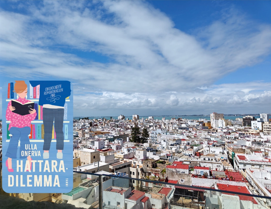 Kuvassa on Hattaradilemma-kirjan kansi liitettynä espanjalaisen kaupunkimaiseman päälle.
