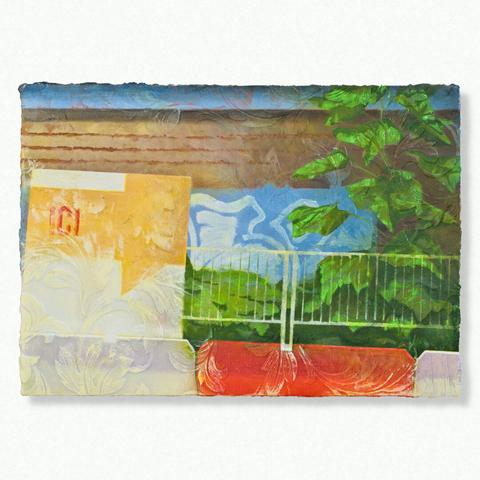 Painting by Aurel Porté depicting a condemned building façade. The site is awaiting renovation or demolition and has been out of use for a long time, allowing a significant amount of vegetation to grow right at the foot of the building. This type of scene is common in French suburbs, where substantial gentrification is underway.