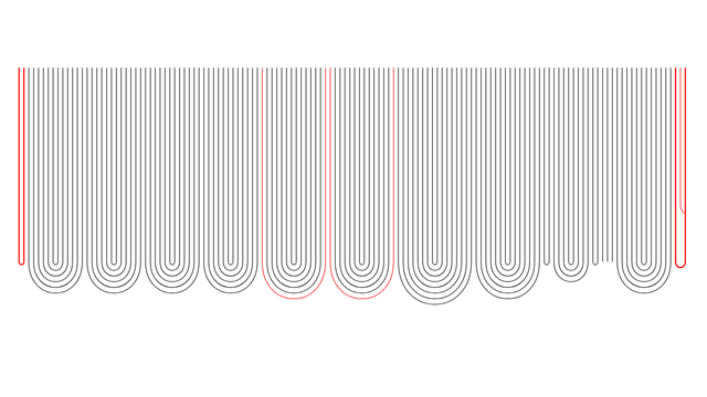 schéma de la structure codicologique d'un bouquin dont la référence n'est sciemment pas donnée. Alignement de lignes verticales, dont certaines sont reliées en bas par des demi-cercles concentriques. Certains des tracés sont rouges, certains en gras.