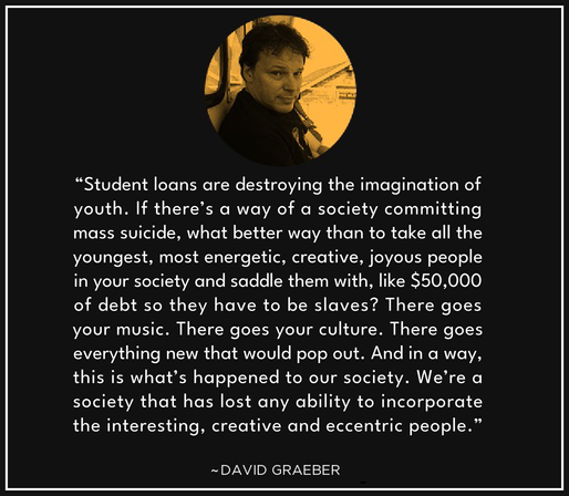 “Student loans are destroying the imagination of 
youth. If there’s a way of a society committing 
mass suicide, what better way than to take all the 
youngest, most energetic, creative, joyous people 
in your society and saddle them with, like $50,000 
of debt so they have to be slaves? There goes 
your music. There goes your culture. There goes 
everything new that would pop out. And in a way, 
this is what’s happened to our society. We’re a 
society that has lost any ability to incorporate 
the interesting, creative and eccentric people.”