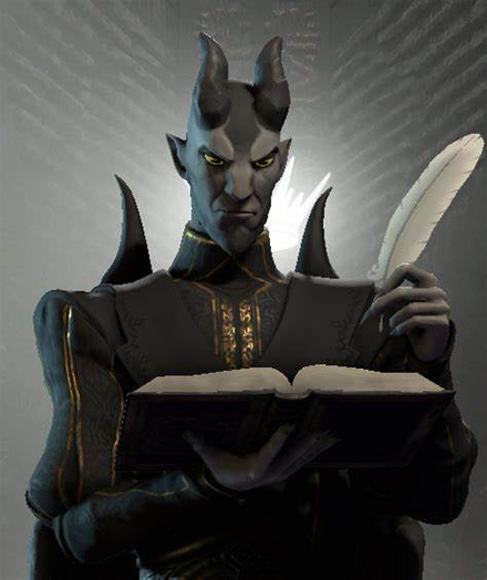 Belial from Solium Infernum. A svelte, suave devil with impeccable tailoring. He's holding a feather quill and writing in a book.