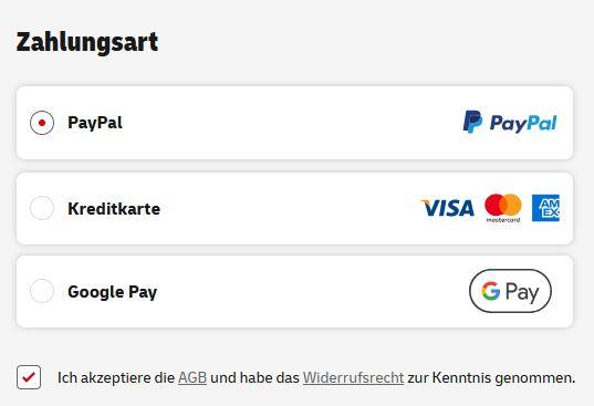Screenshot von der DHL-Seite. Als Zahlungarten werden angeboten: PayPal, Kreditkarte und Google Pay.