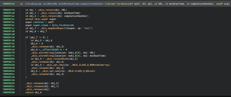 Before: decompilation of an Objective-C class initializer showing the results given by Binary Ninja out of the box. Retain / release calls clutter the function and the lifted code that initializes instance variables does not make any sense due to missing type information.