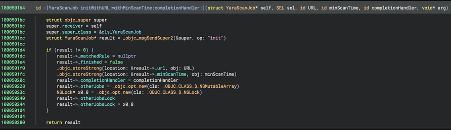 After: Decompilation of the same function, but with retain / release calls removed and the type of [super init] propagated to the local variable. As a result, access to instance variables are correctly recognized and field names are displayed.