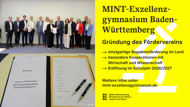 Gruppenfoto von der Gründung des Fördervereins und ein Bild der Vereinssatzung. Aufschrift: MINT-Exzellenzgymnasium Baden-Württemberg - Gründung des Fördervereins