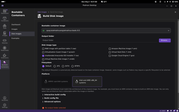 Screenshot of the Podman Desktop application, showing the bootable containers disk image builder.