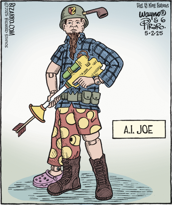 A single panel comic from Bizarro.com. Titled A.I. Joe we see an action figure standing in approximately a three quarter view looking at the viewer. It has three legs and hands with more than the usual number of fingers. Is carrying what looks like a super soaker with the shaft of an arrow entering the muzzle. Its clothing is decidedly non military including one Croc-like shoe.