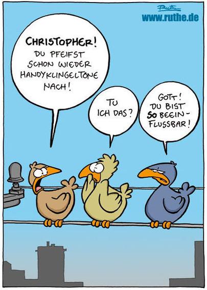 Drei Vögel auf einer Stromleitung. Vogel 1 (empört): "Christopher! Du pfeifst schon wieder Handy-Klingeltöne nach!". Vogel 2 (ertappt): "Tu ich das?". Vogel 3 (vorwurfsvoll): "Gott! Du bist SO beeinflussbar!"
