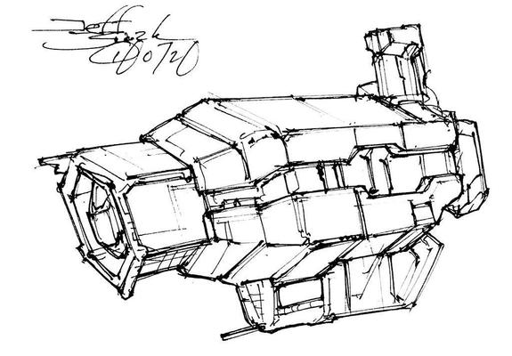 Black and white line art sketch of an imaginative sci fi spaceship. Each one is very different.