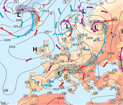 Analyse synoptique de la sitation météo en Europe ce jour.