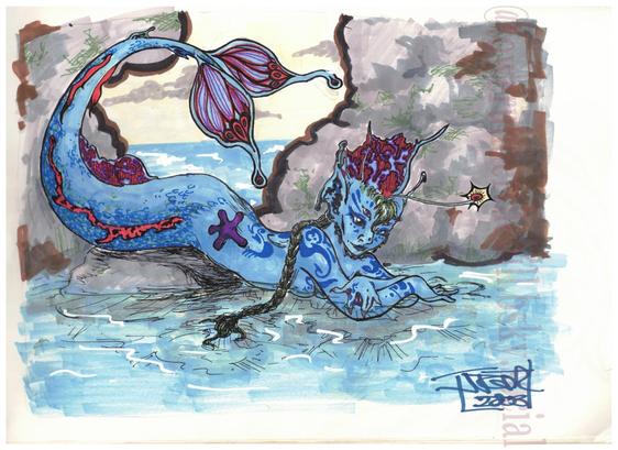 A blue mermaid with two sets of eyes, an anglerfish-like antenna, and multiple tattoos relaxes amidst some rocks in shallow blue and grey water.