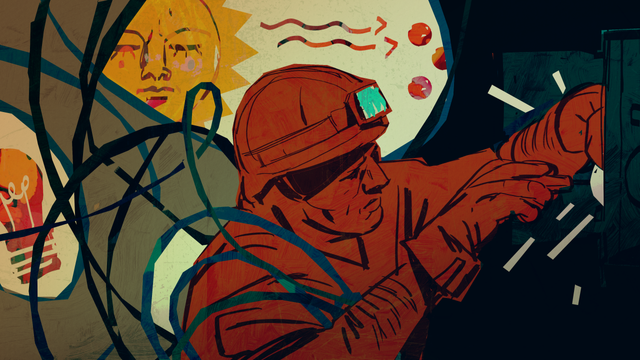 a digital illustration representing a power outage, with a worker trying to sort trough cables to find out the culprit.