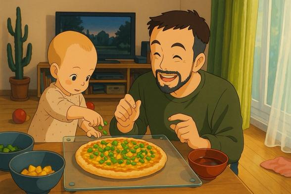 Father and toddler making a pizza together at a table