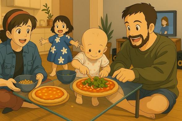 Friends and kids making pizzas together on the coffee table in a living room