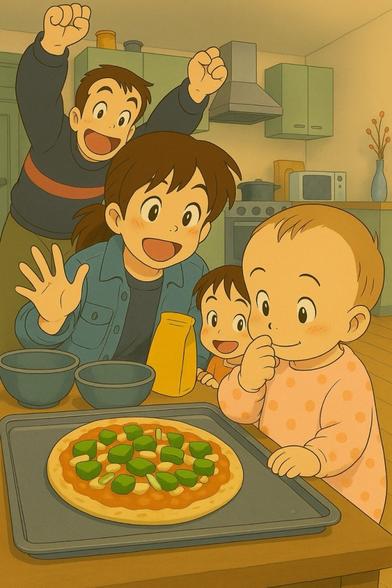 A playful group of adults and kids gathered around a table with a freshly prepared pizza ready to enjoy the meal