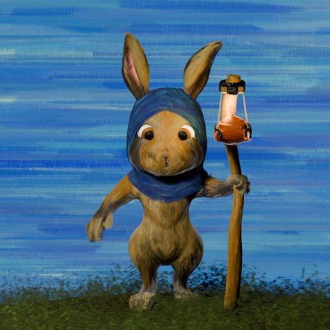 anthropomorphic rabbit in a medieval cowl and a wood staff with an oil lamp attached, in front of a blue sky background on a grassy hill.
made in blender, using the brushstrokes add on and an orthographic camera to create a flattened painted look.