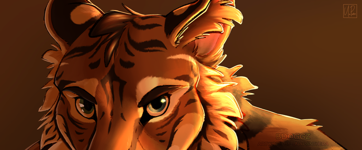 A portrait of an anthro tiger, showing only the top half of his face and the edge of his shoulder