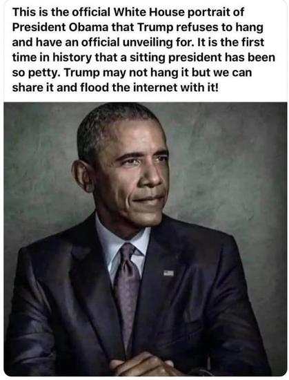 This is the official White House portrait of President Obama that Trump refuses to hang and have an official unveiling for. It is the first time in history that a sitting president has been so petty. Trump may not hang it but we can share it and flood the internet with it!🖖