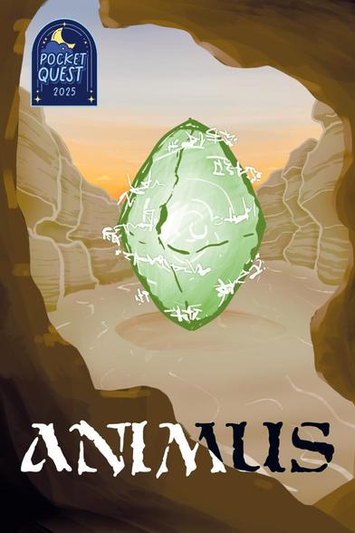 The cover to the TTRPG Animus. In the top left corner is the logo of PocketQuest 2025 and at the bottom is the games title "ANIMUS". Featured in the center is a floating green crystal like portal that sits in the middle of a desert canyon with a colorful sunset glowing behind it.