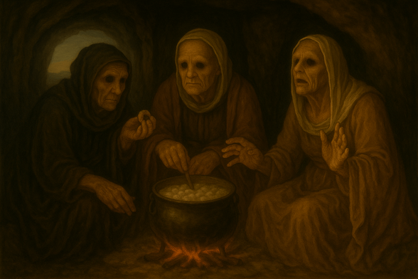 Three elderly figures with pale skin and dark eyes gather around a cauldron, stirring its contents over a fire in a dim cave setting.