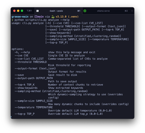 A terminal window displaying a command-line interface with various options for analyzing CVEs, including parameters for threshold, output format, sampling method, temperature, and keywords.