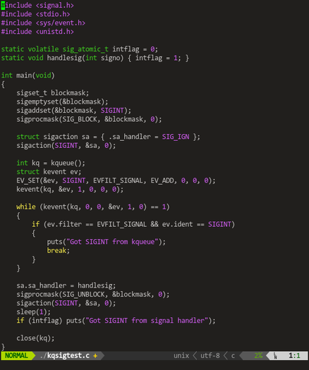 Some C code trying to avoid "spurious" signal deliveries on unblocking them after already getting them from kqueue ... by setting SIG_IGN during unblock.
