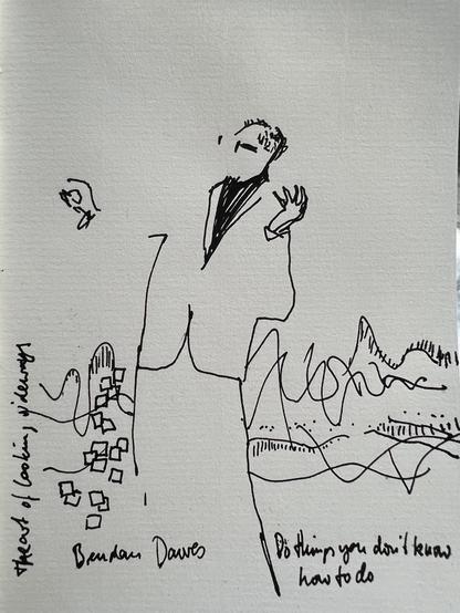 A hand drawn sketch of a person in a suit standing and gesturing dynamically, surrounded by abstract waveforms in the background. Details like eyes and face are left out, everything is rather abstracted.