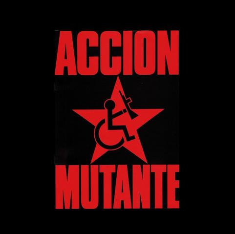 Poster of the movie »Accion Mutante« featuring bold red text that reads "ACCION MUTANTE" with a graphic of a wheelchair symbol integrated into a red star. A figure holding a firearm is depicted within the wheelchair symbol. The background is black.