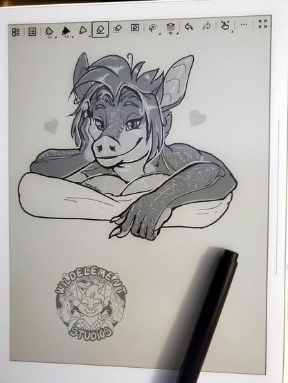 Photo of a supernote e-ink device and artwork on it of Acacia, who is looking dreamily at you.