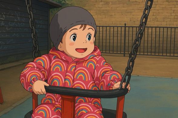 Toddler in rainbow snowsuit enjoying a swing at the playground