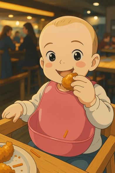 Toddler wearing a bib enjoying a meal in a restaurant
