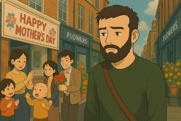 A wistful man walks past a happy family outside a flower shop on Mother's Day
