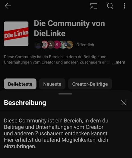 Die Community von DieLinke - Beschreibung: Diese Community ist ein Bereich, in dem du Beiträge und Unterhaltungen vom Creator und anderen Zuschauern entdecken kannst. Hier erhälst du laufend Möglichkeiten, dich einzubringen.