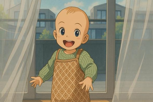 Toddler in overalls standing by a window smiling