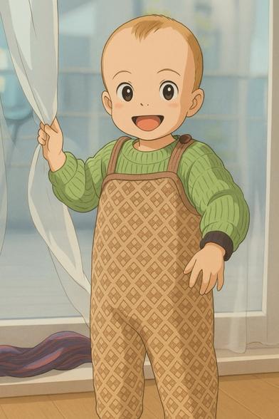 Happy toddler joyfully playing with a white curtain