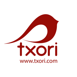 a stylized red bird with the words txori underneath