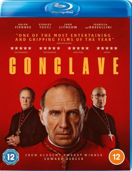 The Conclave Blu-ray front cover. Featuring Ralph Fiennes, Stanley Tucci and John Lithgow.