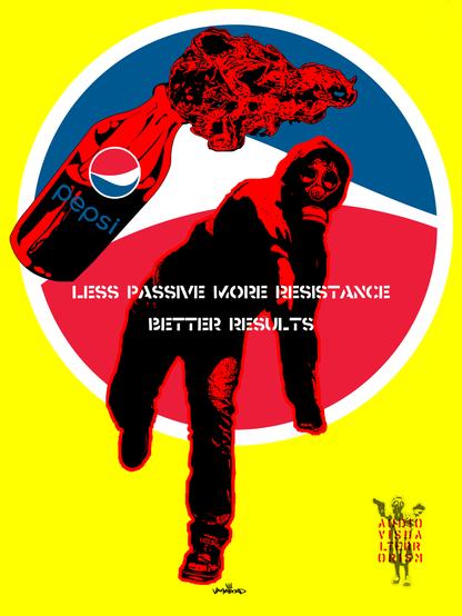 The image is a stylized graphic featuring a person in a gas mask, seemingly throwing a Molotov cocktail made from a Pepsi bottle.

The background is a bold circular design in red, white, and blue, reminiscent of the Pepsi logo. 

The text "LESS PASSIVE MORE RESISTANCE BETTER RESULTS" is prominently displayed.

A smaller figure holding guns is visible in the bottom right corner, with the text "AUDIO VISUAL TERRORISM".

The overall style is reminiscent of protest art and political commentary, using strong colors and bold shapes.