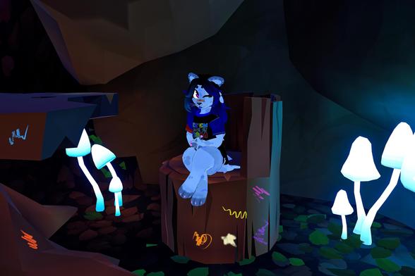 The image shows an anthropomorphic furry character, seemingly a wolf or similar creature, sitting on a tree stump in a dark, cave-like environment. The character is wearing a dark blue shirt with a graphic design and has purple hair. Glowing, bioluminescent mushrooms are scattered around the scene. The tree stump the character is sitting on has various markings on it. The overall style is digital art, possibly a screenshot from a video game or 3D animation.