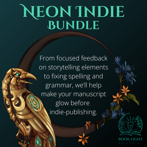 Solid dark jade background. On the left bottom corner, there is a golden raven with jade eyes. Surrounding the body text is a wooden circle with blue and gold flowers wrapped around it. The company logo is on the bottom right corner and it's a lightbulb standing on top of an open book. The text reads, “Neon Indie Bundle. From focused feedback on storytelling elements to fixing spelling and grammar, we’ll help make your manuscript glow before indie-publishing.”
