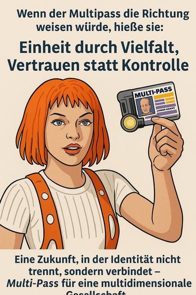 Wenn der Multipass die Richtung weisen würde, hieße sie:
Einheit durch Vielfalt, Vertrauen statt Kontrolle
MULTI-PASS
JORBEN BAAAS
Eine Zukunft, in der Identität nicht trennt, sondern verbindet - Multi-Pass für eine multidimensionale Gesellschaft 🖖