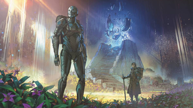 Official art from the new D&D adventure "Eberron Race for the Crab Temple," featuring a Warforged and a human adventurer in an underground magical ruin.