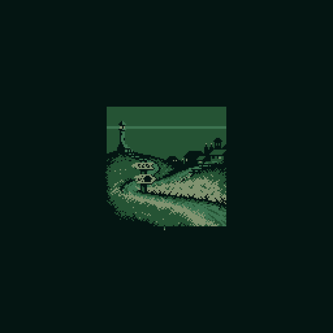 a forking path right side goes into the silhouette of a town left goes up to a lighthouse