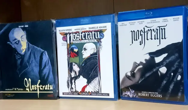 From left to right: blurays from Nosferatu 1922, 1979 and 2024.