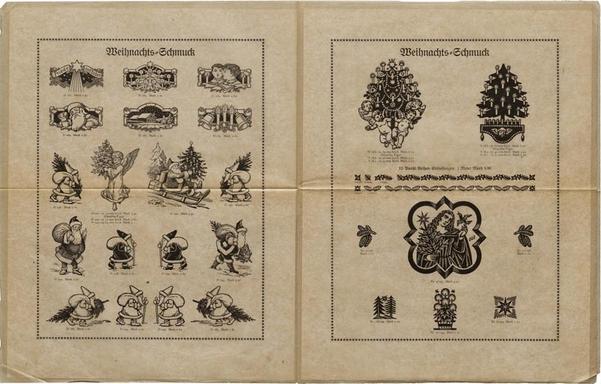 Genzsch & Heyse
Book. Green cover with black text and black illustrations. Contains ornaments. Includes four loose mock pieces inside, two of which are folded sheets of onionskin paper featuring Christmas ornaments.