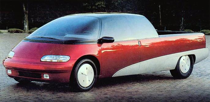 The GMC Centaur concept truck. It has an almost entirely glassed-in cab, long curves of the type that were popular in that era, and an open bed with partially faired rear wheels.