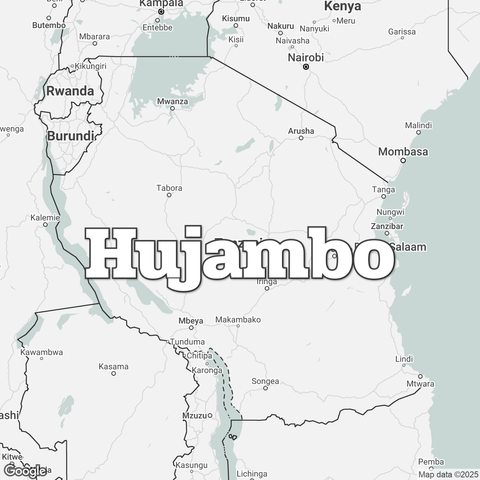 Map of Tanzania overlaid with a translation of the word "hello": Hujambo.