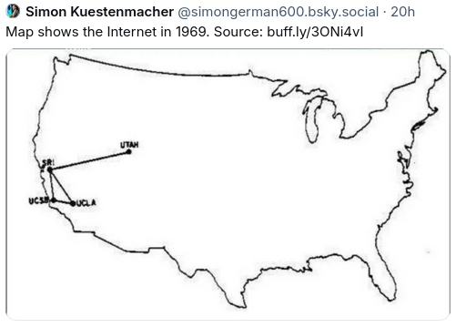 Map shows the Internet in 1969. Shows ARPAnet network in Utah, SRI, UCSB, UCLA