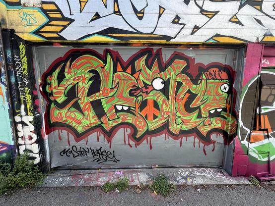A very hard to read graffiti piece on a garage door in an alley. The piece says "Peace" in green paint, with inspiration from monsters and horror imagery. There's an eyeball popping out, teeth, and brains. It's very silly and reminds me of the Slime Balls toys from the 1980s by Madballs.